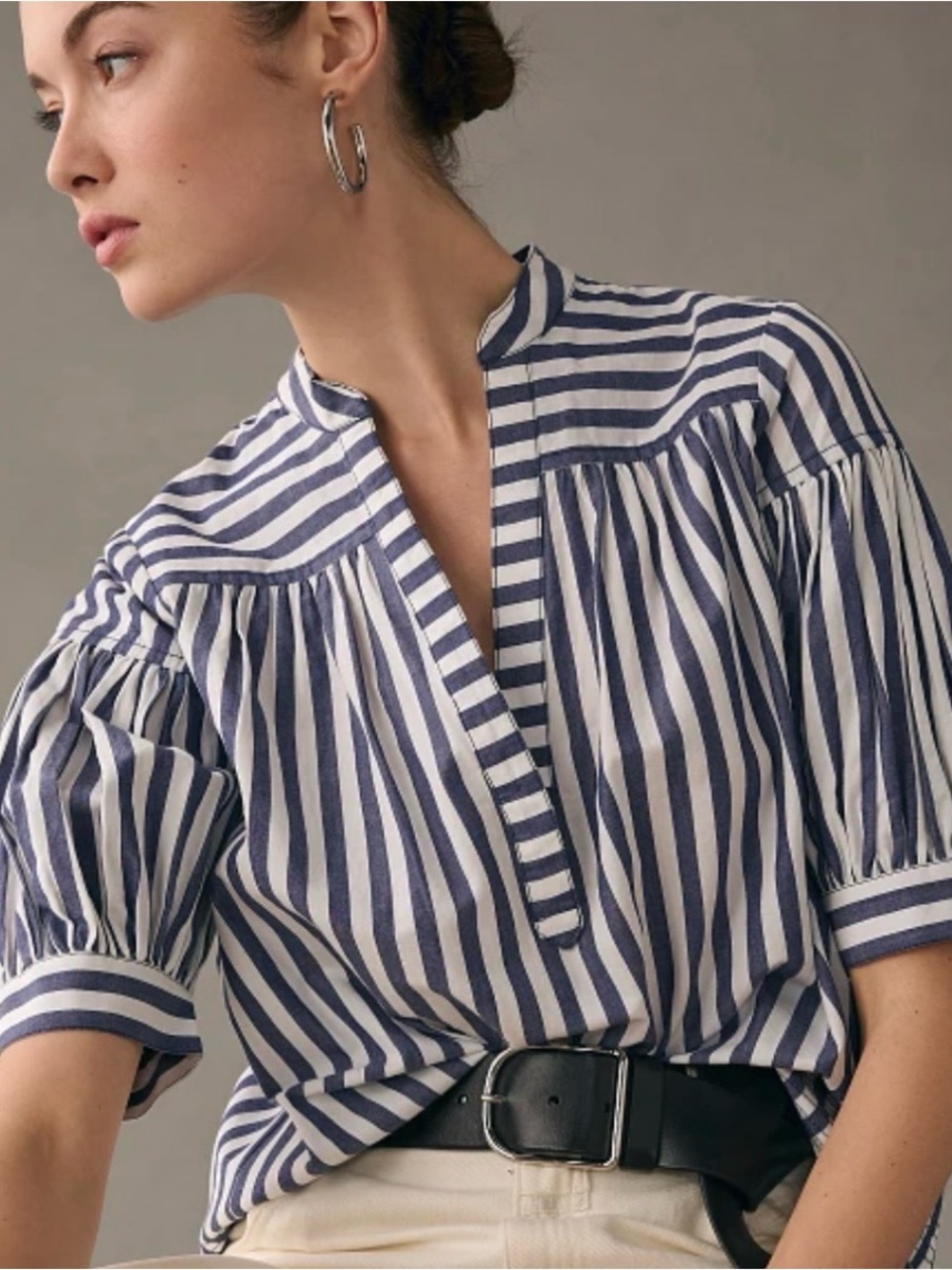 Anthropologie The Darcy Stripped Navy and White V-Neck Puff Sleeve Top